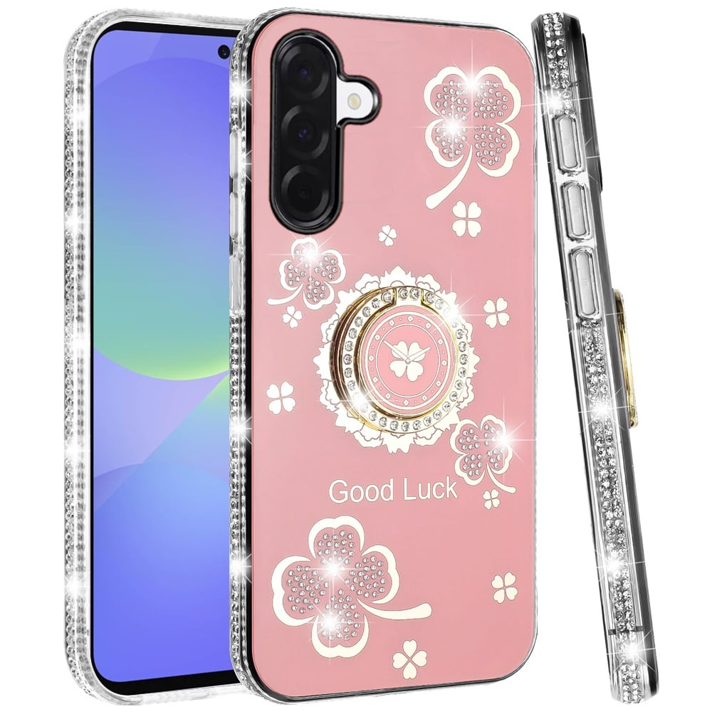 Phone Case for Samsung Galaxy A37 / A36 Glitter Diamond Ring Stand Sparkle Rhinestone Edge AntiSlip Kickstand Luxury Fashion Bumper Shockproof Cover Pink