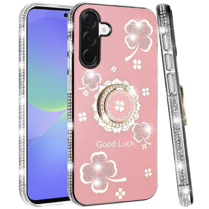 Phone Case for Samsung Galaxy A37 / A36 Glitter Diamond Ring Stand Sparkle Rhinestone Edge AntiSlip Kickstand Luxury Fashion Bumper Shockproof Cover Pink