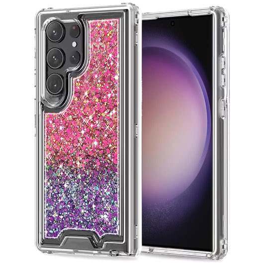 For Samsung Galaxy S23 Ultra Epoxy Bling Glitter Sparkly 3-in-1 Transparent Hybrid Full-Body Shockproof PC Bumper Case Cover Hot Pink+Purple