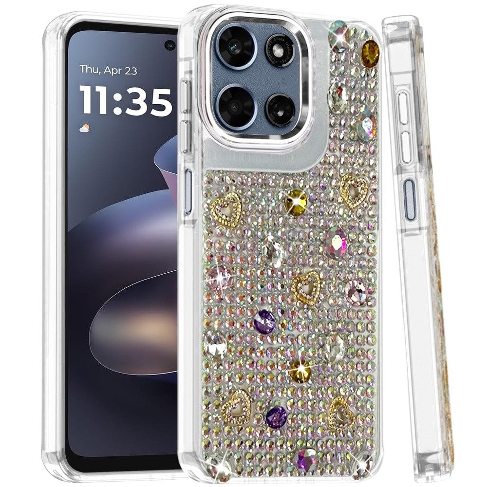 Phone Case for Motorola Moto G 5G 2026/ 2025 Chrome Fashion Hybrid Bling Diamond Heart Rhinestone Decorative Stones Sparkling Embellished Design Cover Silver