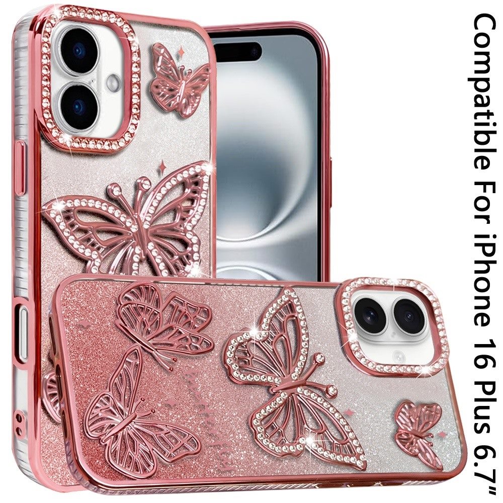 Phone Case for Apple iPhone 16 Plus Butterfly Freedom Shimmer Glitter Thick TPU Shockproof Anti Slip Durable Protective Design Cover Gold