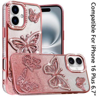 Phone Case for Apple iPhone 16 Plus Butterfly Freedom Shimmer Glitter Thick TPU Shockproof Anti Slip Durable Protective Design Cover Gold