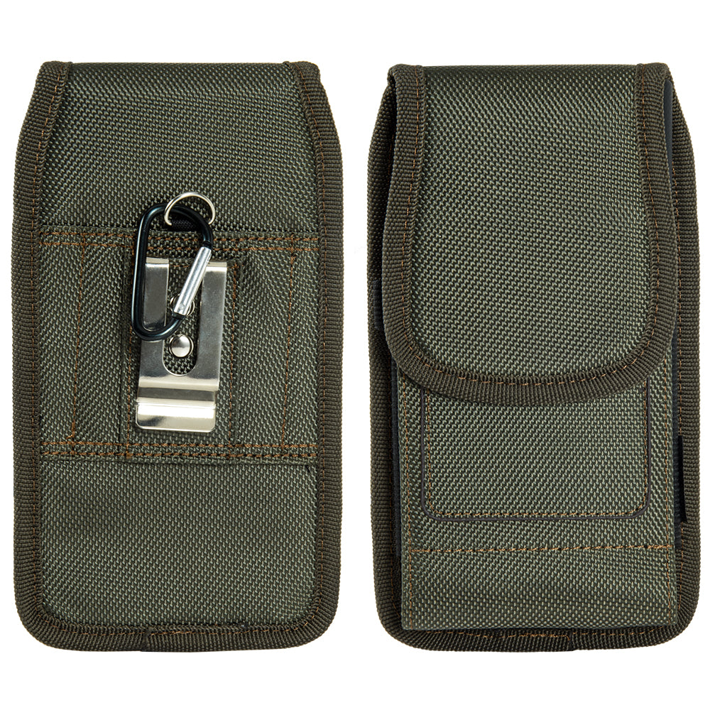 For Apple iPhone 16 Pro (6.3") Universal Nylon Pouch Case Vertical Phone Holster with Dual Card Slots, Pen Holder, Belt Clip Loop & Hook Cover [Green]