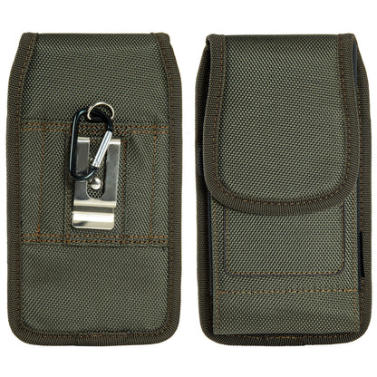 For Apple iPhone 16 Pro (6.3") Universal Nylon Pouch Case Vertical Phone Holster with Dual Card Slots, Pen Holder, Belt Clip Loop & Hook Cover [Green]