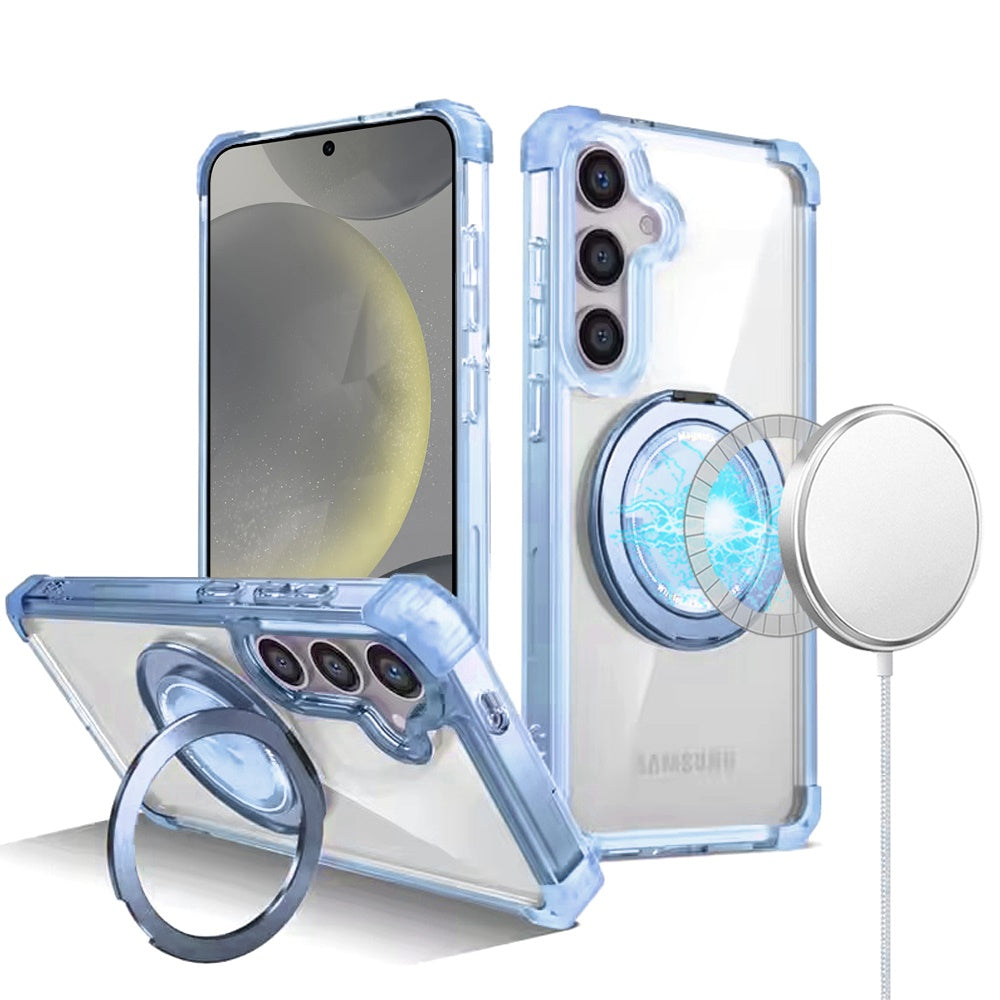 For Samsung Galaxy S25 /S24 Shield Magnetic Case [Compatible with MagSafe], 360° Rotatable Invisible Ring Stand, Transparent Back Case Cover