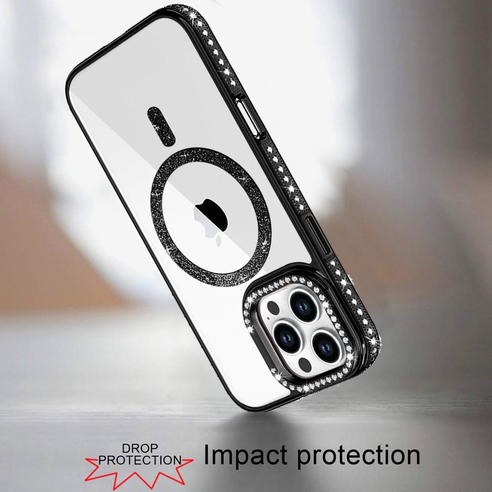 Phone Case for Apple iPhone 16 Pro Max Luxury Diamond Bling Edged Magnetic Glitter Shockproof Hybrid with Camera Kickstand Durable Grip Cover Black