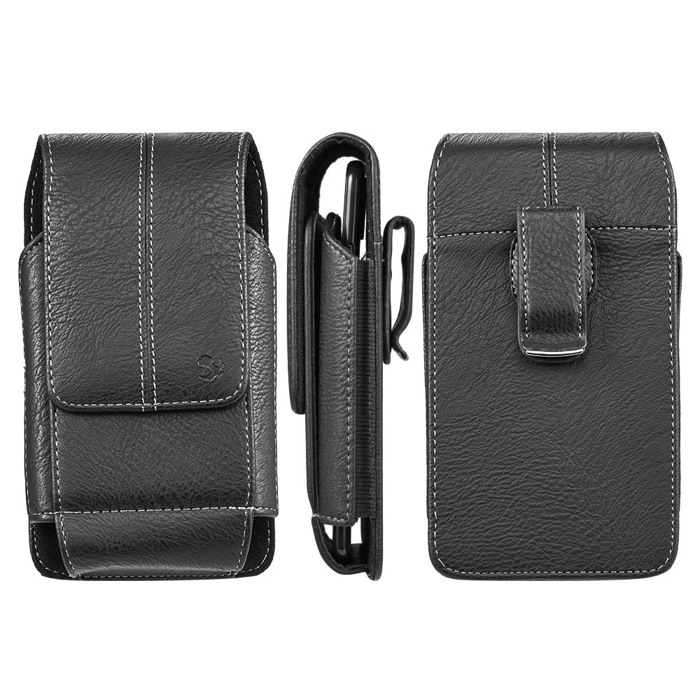 For Apple iPhone 16 Pro (6.3") Universal Vertical Leather Case Holster with 360° Rotation Belt Clip & Credit Card Slots Holder Phone Carrying Phone Waist Pouch [Black]