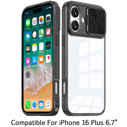 For Apple iPhone 16 Plus Hybrid Cases with Sliding Camera Cover Transparent Shockproof Bumper TPU Protective Case Cover Pink/Blue