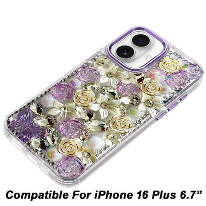 Phone Case for Apple iPhone 16 Plus Luxury Rose Bling Rhinestone Glitter Floral Hybrid Shockproof Stylish Protective Designer Ornament Sparkle Cover