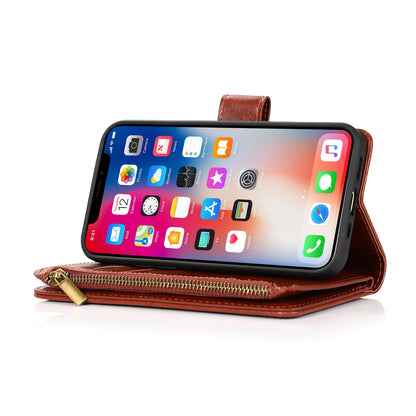 For Apple iPhone 16 Pro Max (6.9") Premium Leather Zipper Wallet with Credit Card Slots Money Pocket Luxury Clutch Pouch Stand & Strap Case Cover Brown