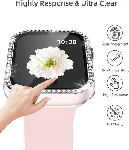 For Apple Watch Size 46mm Luxury Bling Cover Diamond Electroplate Rhinestone Bumper Protective Frame with Tempered Glass Screen Protector Case Cover