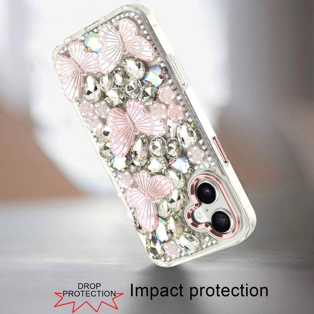 Phone Case for Apple iPhone 17 Luxury 3D Floral Butterfly Bling Rhinestone Glitter Shockproof Stylish Protective Hybrid Designer Metallic Cover Pink