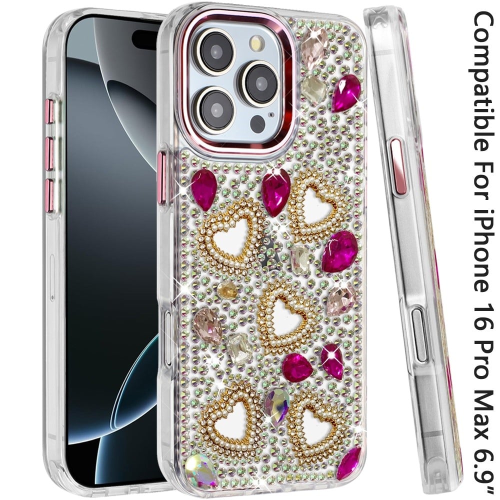 Phone Case for Apple iPhone 16 Pro Max Luxury Crystal Heart Rhinestone Diamond Bling Shockproof Hybrid Glitter Protective Stylish Durable Grip Cover