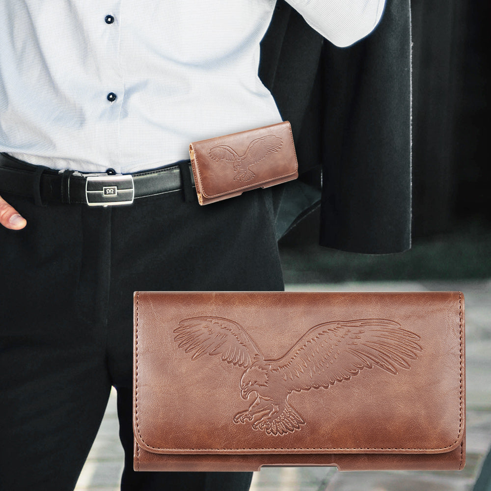For Apple iPhone 16 Pro (6.3") Universal Horizontal Leather Phone Case with Embossed American Eagle Pouch Belt Clip Holster & Magnetic Pouch [Brown]