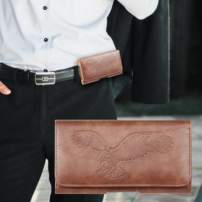 For Apple iPhone 16 Pro (6.3") Universal Horizontal Leather Phone Case with Embossed American Eagle Pouch Belt Clip Holster & Magnetic Pouch [Brown]