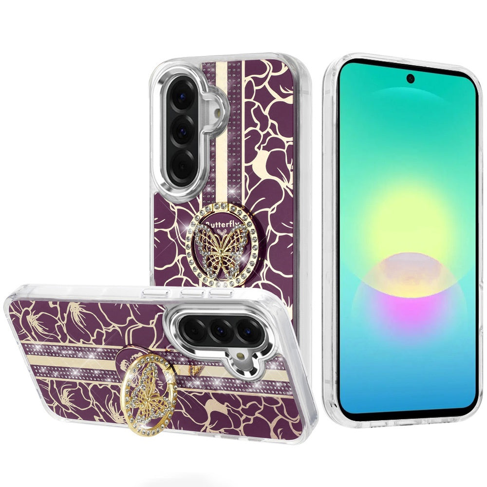 Phone Case for Samsung Galaxy A27 Floral Butterfly Ring Stand Glitter Bling Shockproof Hybrid Luxury Fashion Protective Anti Slip Durable Grip Cover Purple