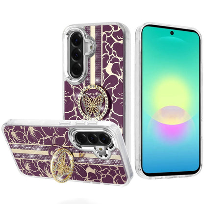 Phone Case for Samsung Galaxy A27 Floral Butterfly Ring Stand Glitter Bling Shockproof Hybrid Luxury Fashion Protective Anti Slip Durable Grip Cover Purple