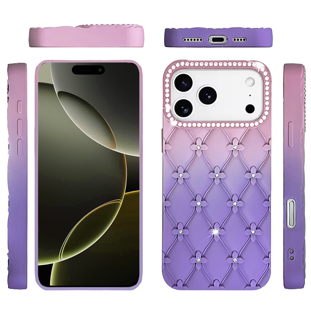 For Apple iPhone 17 Pro Max Fashion Flower Design Sparkle Glitter Shimmer Rhinestone Bling Floral Accents, Leather Texture TPU Case Cover