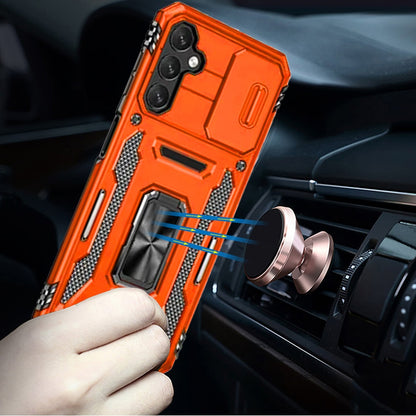 For Samsung Galaxy A17 5G Tough Hybrid Case with Movable Camera Window & Metal Ring Stand Shockproof Case Cover Cosmic Orange