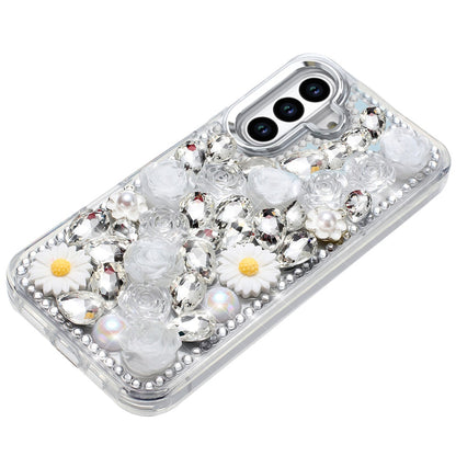 For Samsung Galaxy A36 Fashion Daisy Floral Series, Full 3D Bling Crystal Diamonds Sparkling Rhinestone Glitter Hybrid Design Case Cover Silver