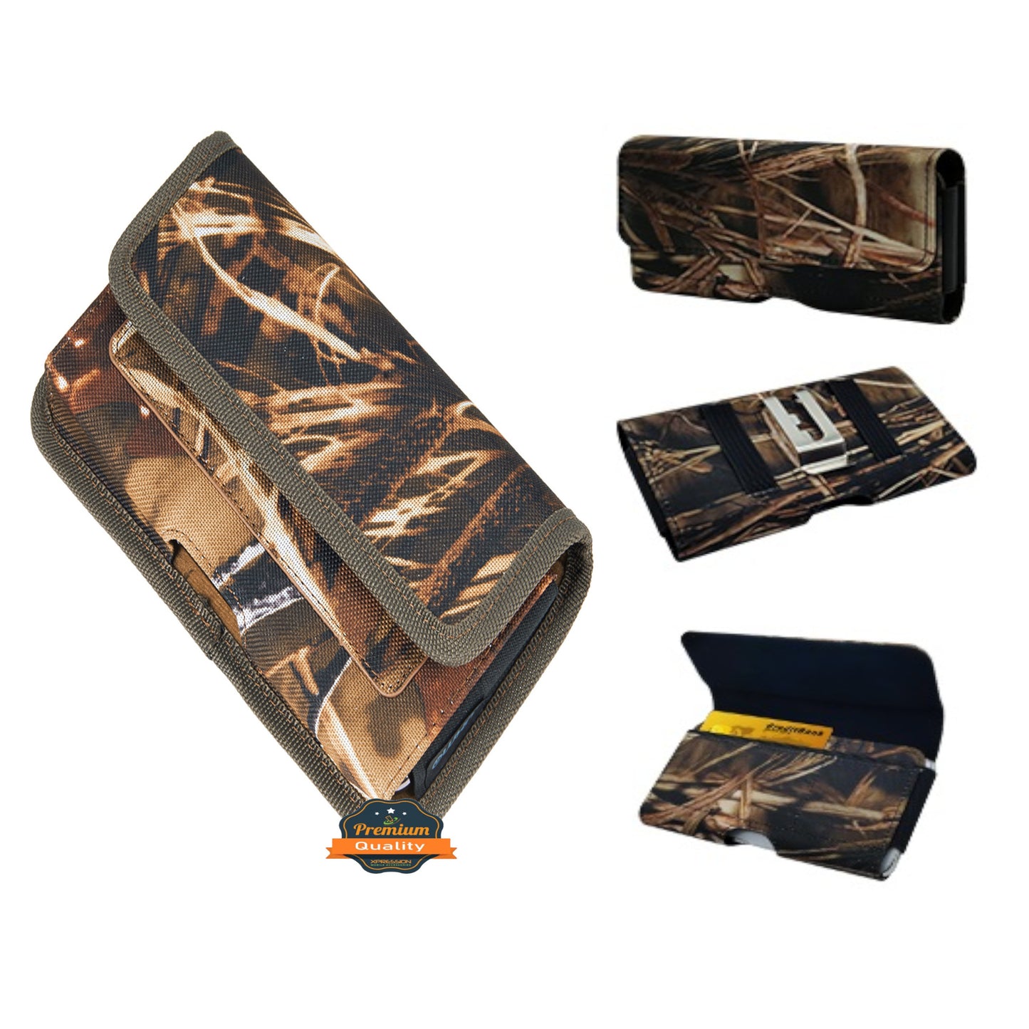 For Apple iPhone 16 Pro (6.3") Universal Camo Leather Horizontal Holster Pouch with Credit Card Slots Wallet & Belt Loop Clip Carrying (Fits 6.7 inch Phone) [Camouflage]