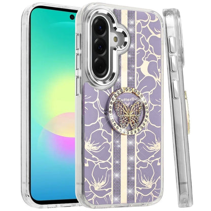 Phone Case for Samsung Galaxy A27 5G Floral Butterfly Ring Stand Glitter Bling Shockproof Hybrid Luxury Fashion Protective Anti Slip Durable Grip Cover