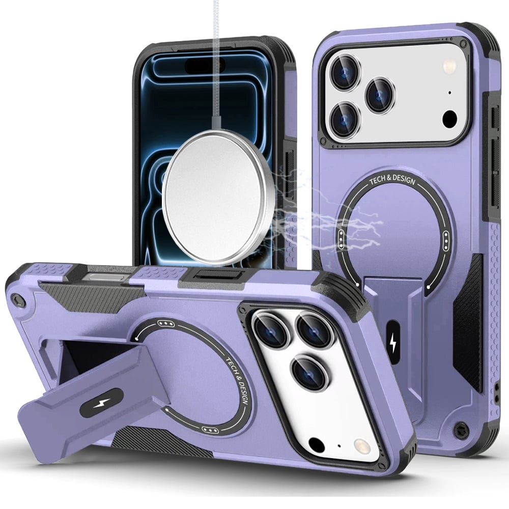 Phone Case for Apple iPhone 17 Pro Max (6.9") Magnetic Kickstand Rugged Shockproof Armor Grip Anti Slip Heavy Duty Protective Matte Stand Hybrid Cover Purple