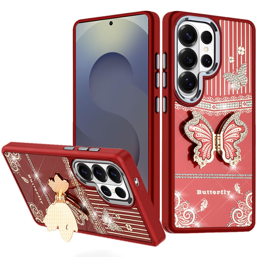For Samsung Galaxy S25 Ultra Glitter 3D Butterfly Design Bling Metallic Edge Hybrid Stand Drop Protection TPU Shockproof Case Cover