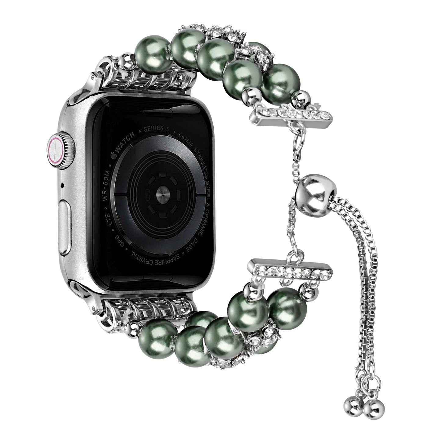 Watch Band for Apple Watch 42/44/45/46mm & Ultra 49mm, Series 4-10 & SE Pearls Fashion Bling Strand Metal Adjustable replacment Bracelet Style with Secure Attachment