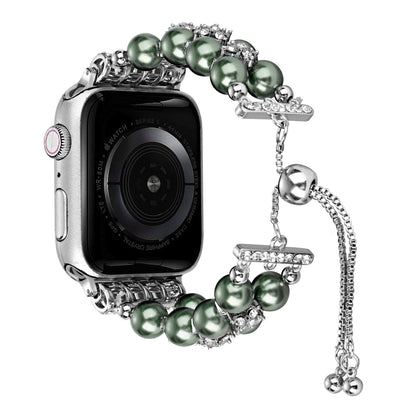 Watch Band for Apple Watch 42/44/45/46mm & Ultra 49mm, Series 4-10 & SE Pearls Fashion Bling Strand Metal Adjustable replacment Bracelet Style with Secure Attachment