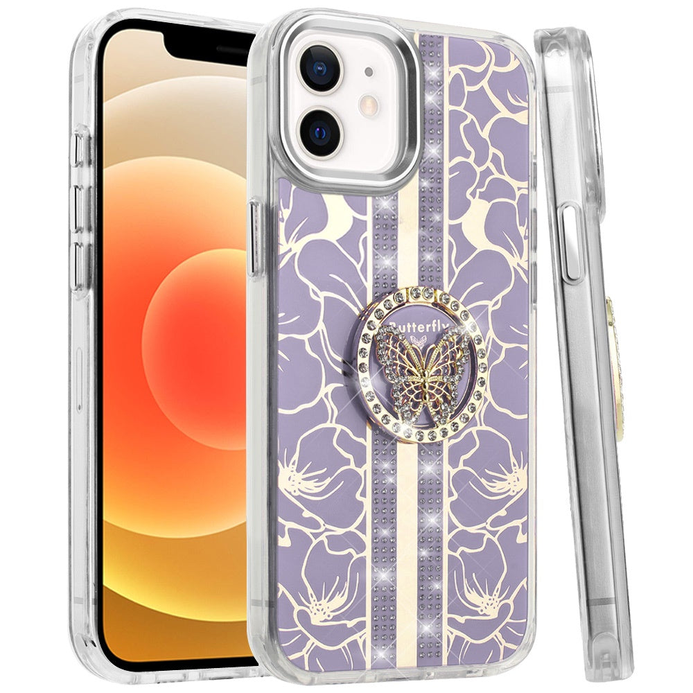 For Apple iPhone 14 /13 Diamonds 3D Butterfly Floral Design Bling Sparkly Glitter Hybrid Metal Fashion with Ring Stand Case Cover