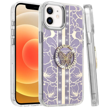 For Apple iPhone 14 /13 Diamonds 3D Butterfly Floral Design Bling Sparkly Glitter Hybrid Metal Fashion with Ring Stand Case Cover