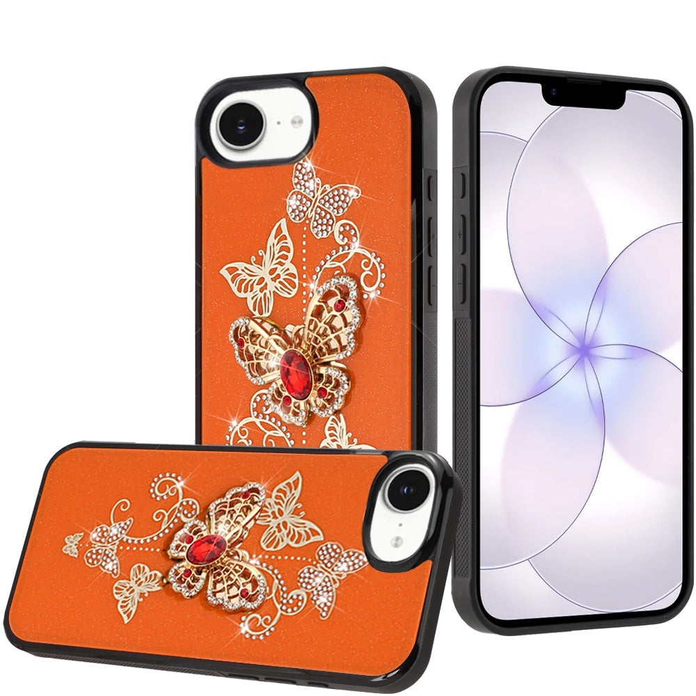 Phone Case for Apple iPhone 17E /16E Diamond Glitter 3D Butterfly Engraved Luxury Bling Hybrid Shockproof Chrome Edge Protective Durable Grip Cover Garden Butterflies Cosmic Orange