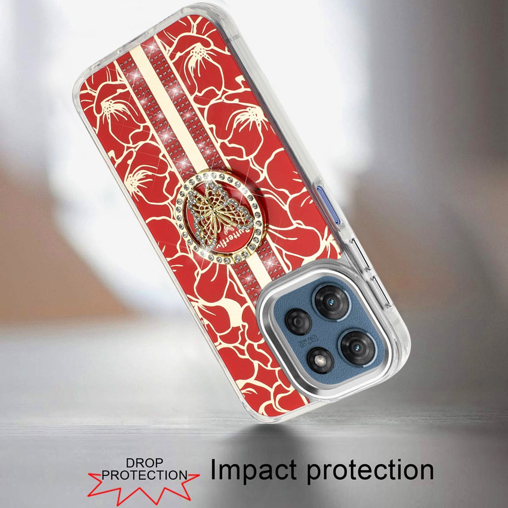 For Motorola Moto G Play 5G 2026 Diamonds 3D Butterfly Floral Design Bling Sparkly Glitter Hybrid Metal Fashion with Ring Stand Case Cover