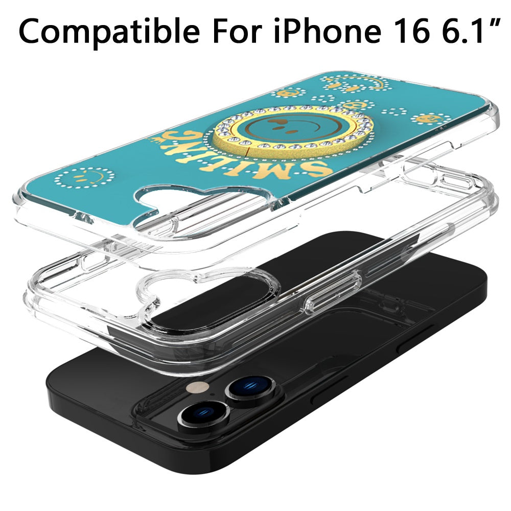 For Apple iPhone 17E /16E Smiling Glitter Bling Ornament Hybrid Shockproof Stylish Sparkle Design Secure Grip Durable Protection Case Cover Blue
