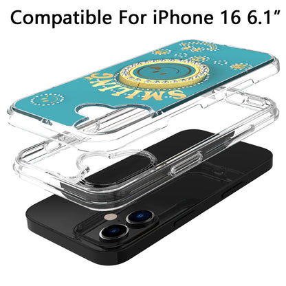 For Apple iPhone 17E /16E Smiling Glitter Bling Ornament Hybrid Shockproof Stylish Sparkle Design Secure Grip Durable Protection Case Cover Blue
