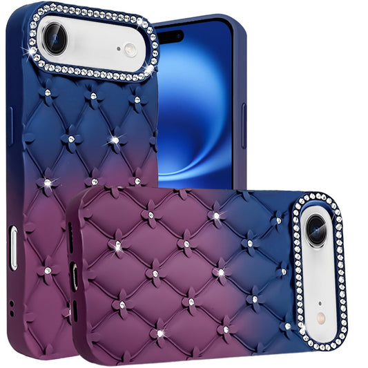 For Apple iPhone 17 Pro Max Fashion Flower Design Sparkle Glitter Shimmer Rhinestone Bling Floral Accents, Leather Texture TPU Case Cover