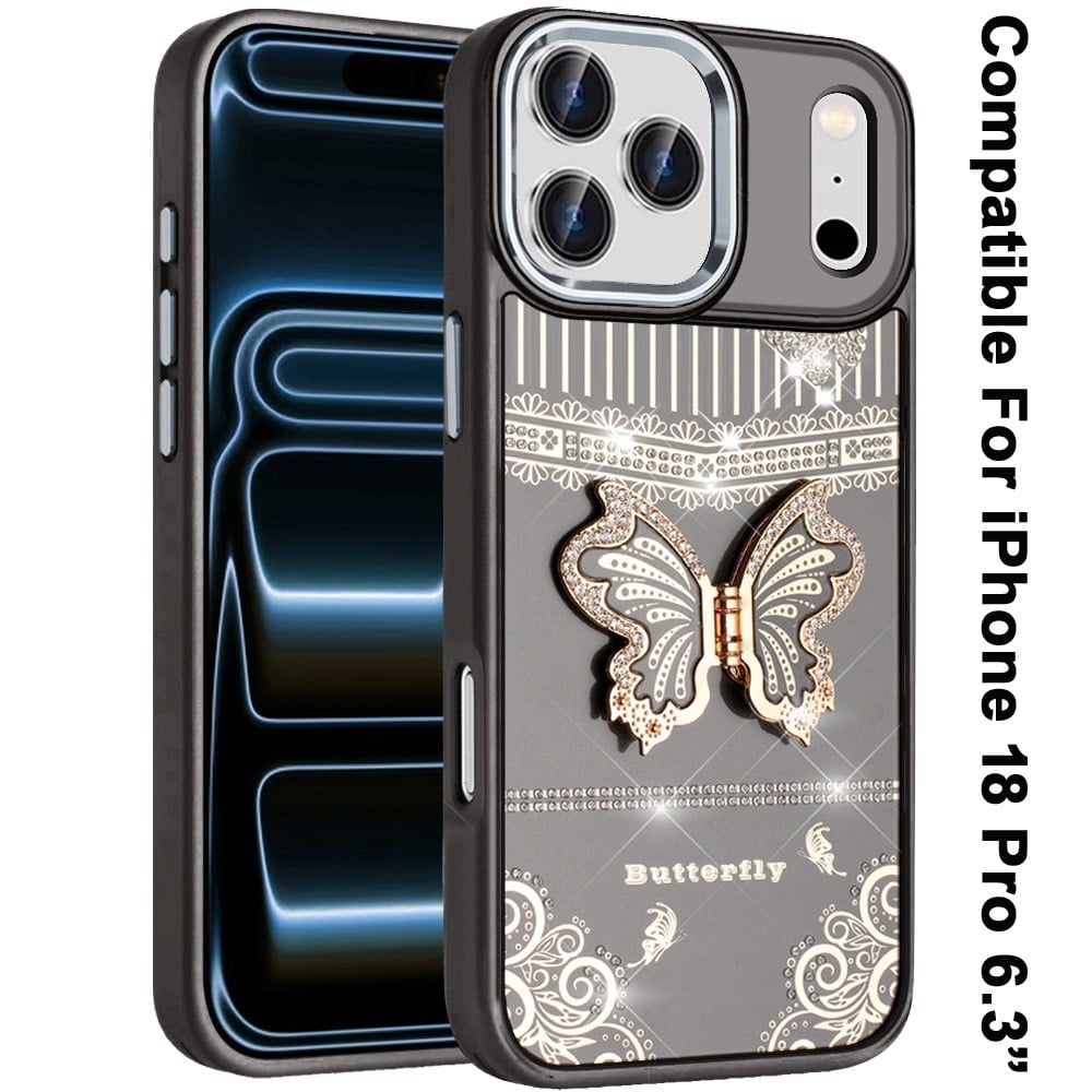 Phone Case for Apple iPhone 18 Pro Glitter Bling Butterfly Stand Metallic Edge Hybrid Shockproof Grip Durable Camera Protection Stylish Design Cover