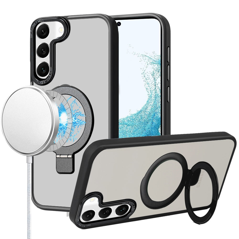 Phone Case for Samsung Galaxy S22+ / S22 Plus Metal Chrome Magnetic Circle Kickstand Shockproof Matching Camera Protector Durable Grip Hybrid Armor Cover Black