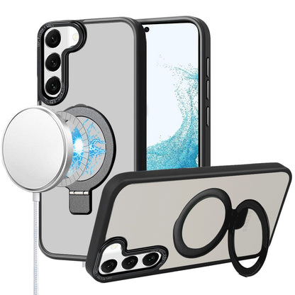 Phone Case for Samsung Galaxy S22+ / S22 Plus Metal Chrome Magnetic Circle Kickstand Shockproof Matching Camera Protector Durable Grip Hybrid Armor Cover Black