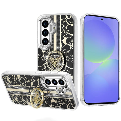 For Samsung Galaxy A36 Diamonds 3D Butterfly Floral Design Bling Sparkly Glitter Hybrid Metal Fashion with Ring Stand Case Cover