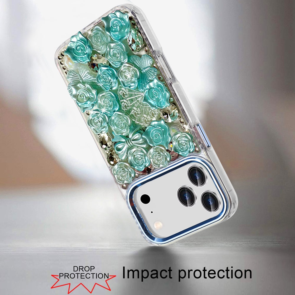 For Apple iPhone 17 Pro Max (6.9") Muti-Color Floral Fashion Bling Crystal 3D Full Diamonds Stones Sparkle Rhinestone Glitter Hybrid Case Cover