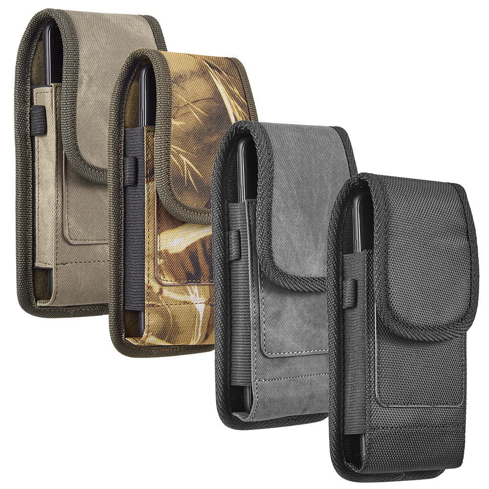 For Apple iPhone 16 Plus (6.7") Universal Vertical Nylon Pouch Cell Phone Case Holster with 2 Credit Card Slot, Belt Clip Loop, Velcro closure Cover [Black]