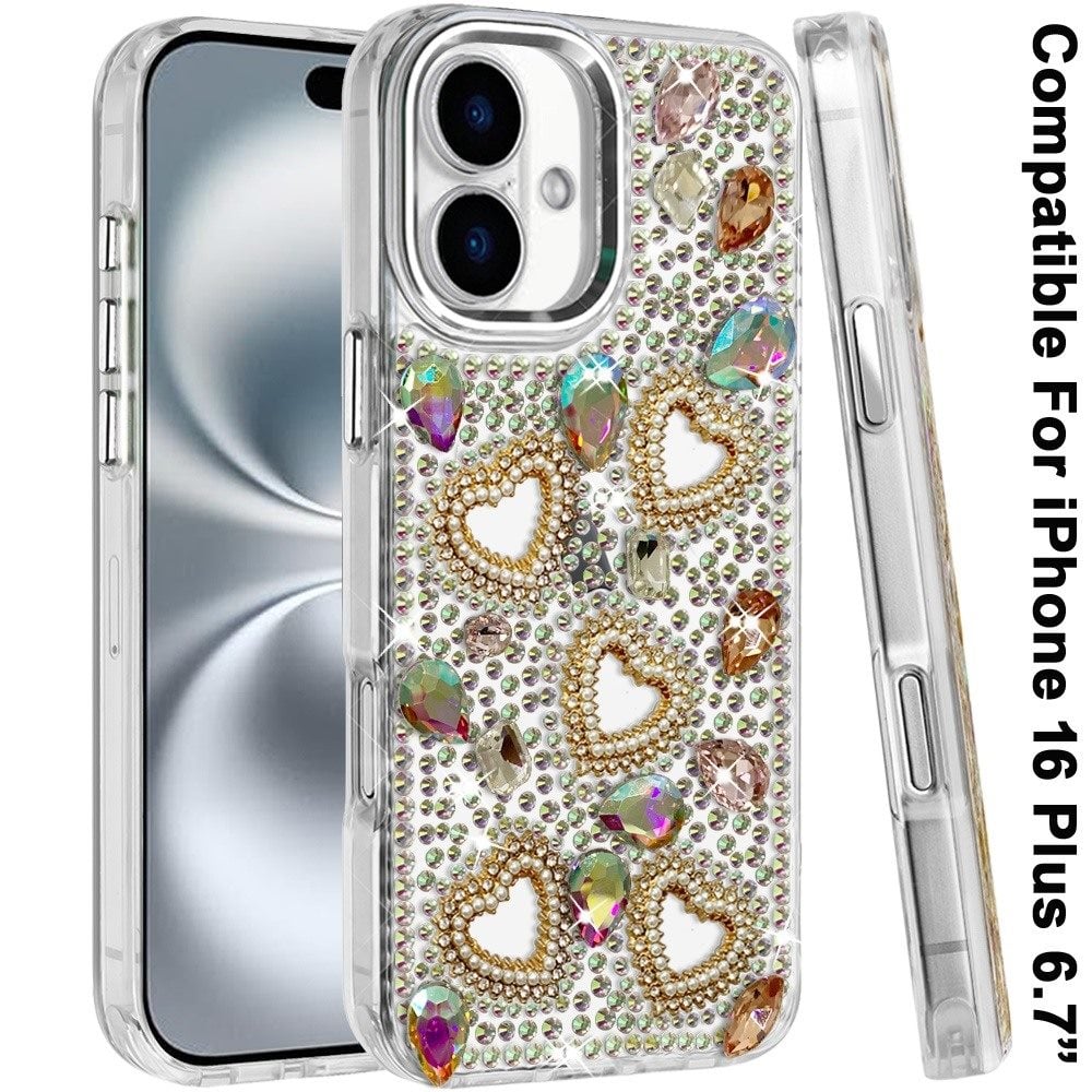 Phone Case for Apple iPhone 16 Plus Luxury Crystal Heart Rhinestone Diamond Bling Shockproof Hybrid Glitter Protective Stylish Durable Grip Cover