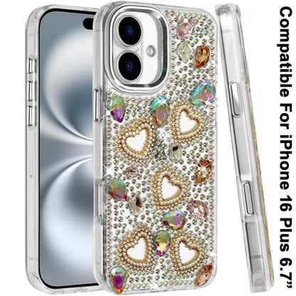 Phone Case for Apple iPhone 16 Plus Luxury Crystal Heart Rhinestone Diamond Bling Shockproof Hybrid Glitter Protective Stylish Durable Grip Cover
