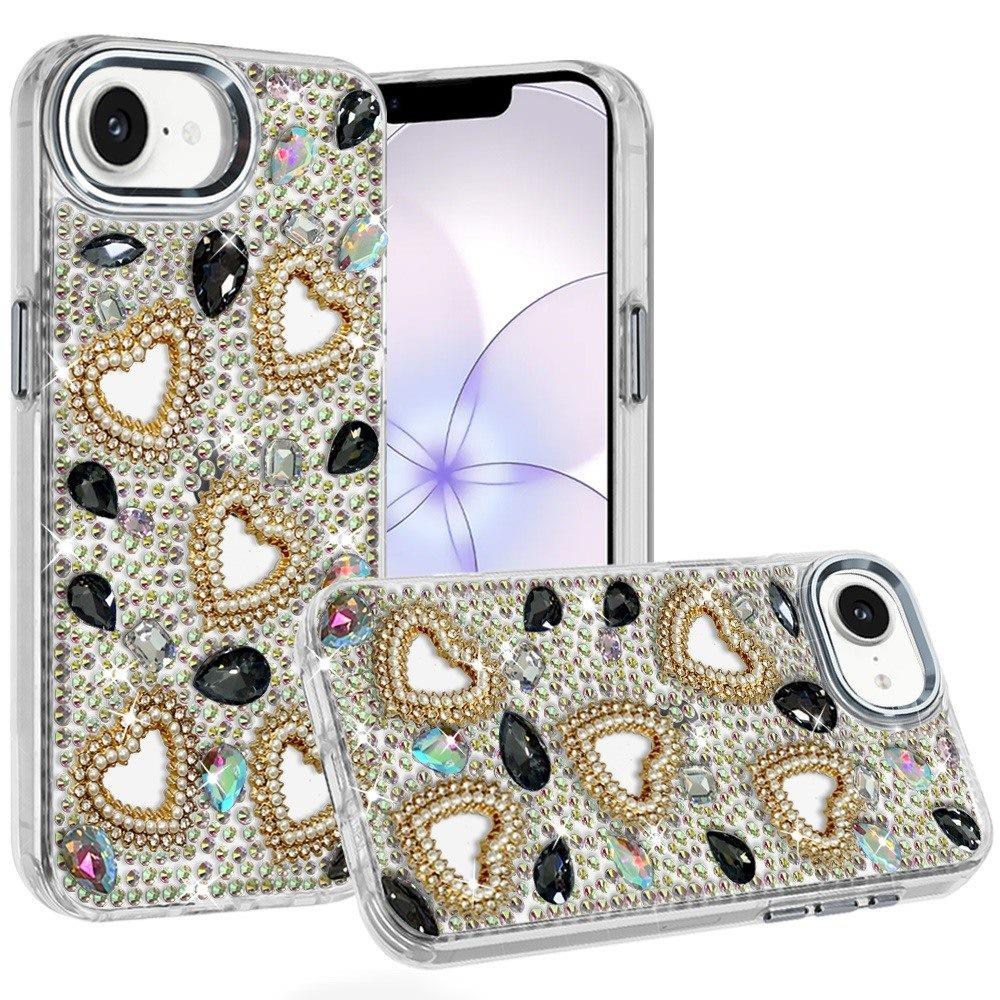 Phone Case for Apple iPhone 16 E (6.1") Luxury Crystal Heart Rhinestone Diamond Bling Shockproof Hybrid Glitter Protective Stylish Durable Grip Cover