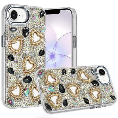 Phone Case for Apple iPhone 16 E (6.1") Luxury Crystal Heart Rhinestone Diamond Bling Shockproof Hybrid Glitter Protective Stylish Durable Grip Cover