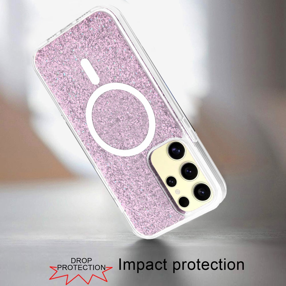 For Samsung Galaxy S25 /S24 Hybrid Epoxy Glitter Shiny Flower Design Stylish Fashion Case, Magnetic MagSafe Compatible, Shockproof Case Cover