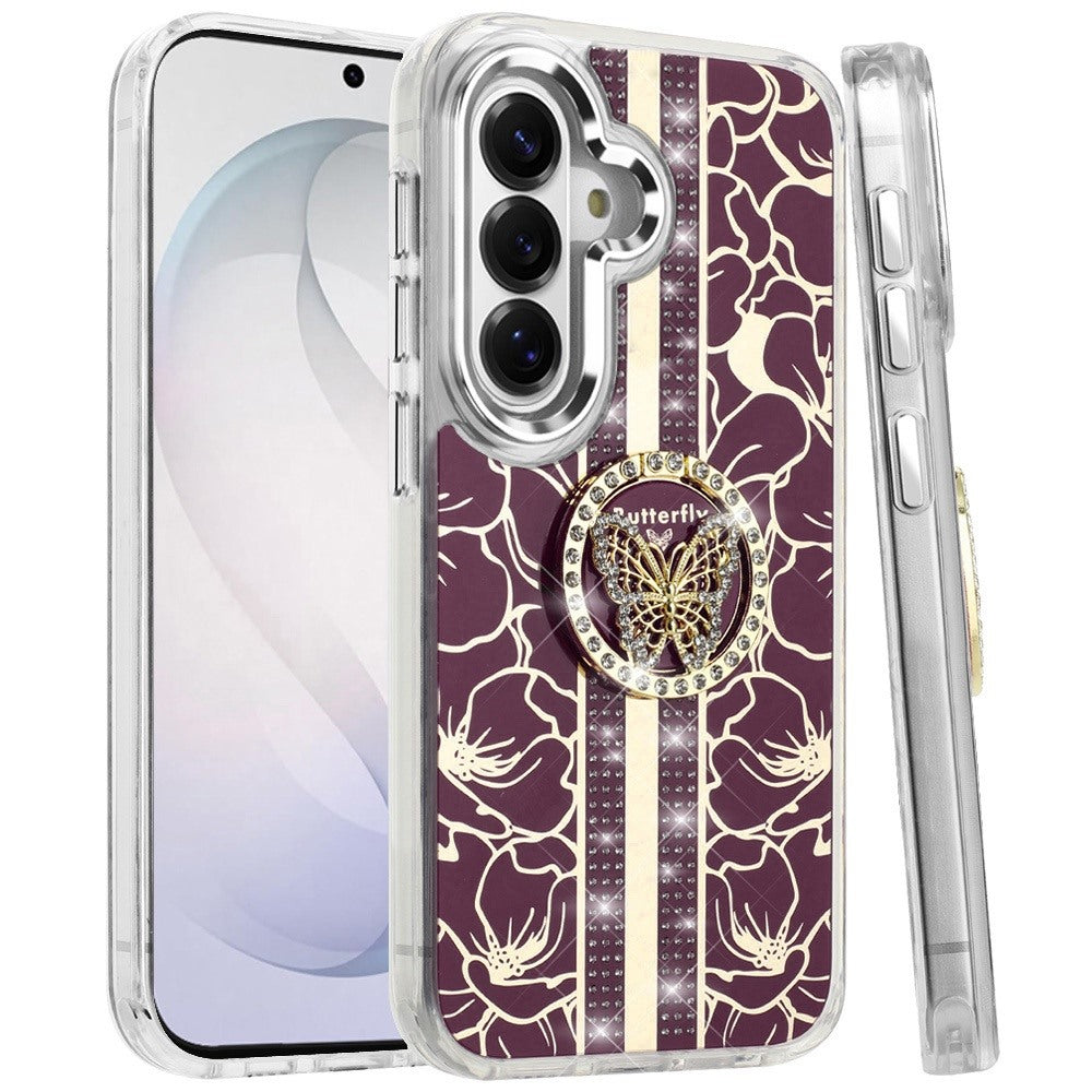 Phone Case for Samsung Galaxy S26 Floral Butterfly Ring Stand Glitter Bling Shockproof Hybrid Luxury Fashion Protective Anti Slip Durable Grip Cover Purple