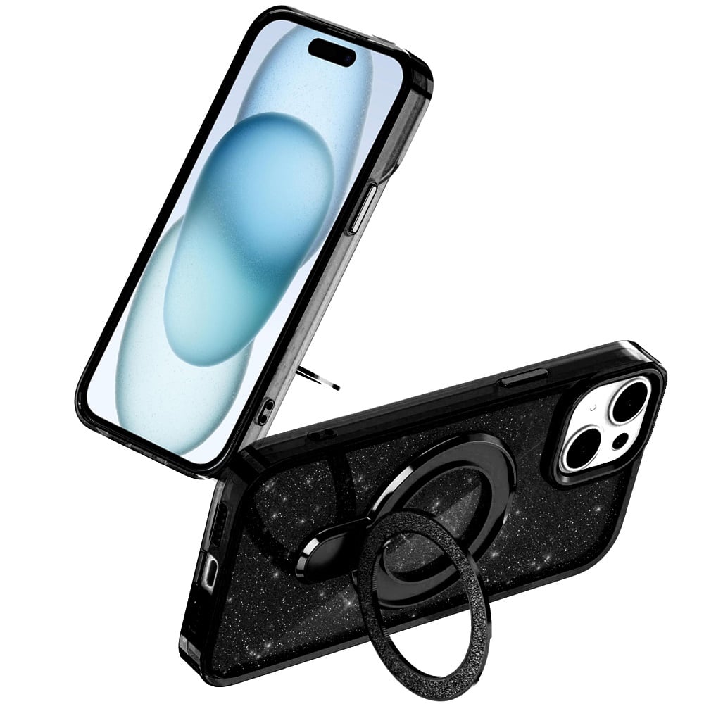For iPhone 15 Plus (6.7") Transparent Glitter Bling Case with Rotating Magnetic Ring Stand, Shockproof Hybrid Case Cover Black